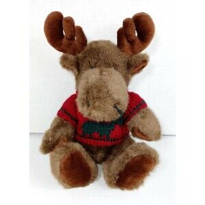 A & A Plush Moose Brown W/Red Knit Sweater 14” Length Polyester Fiber Very Clean